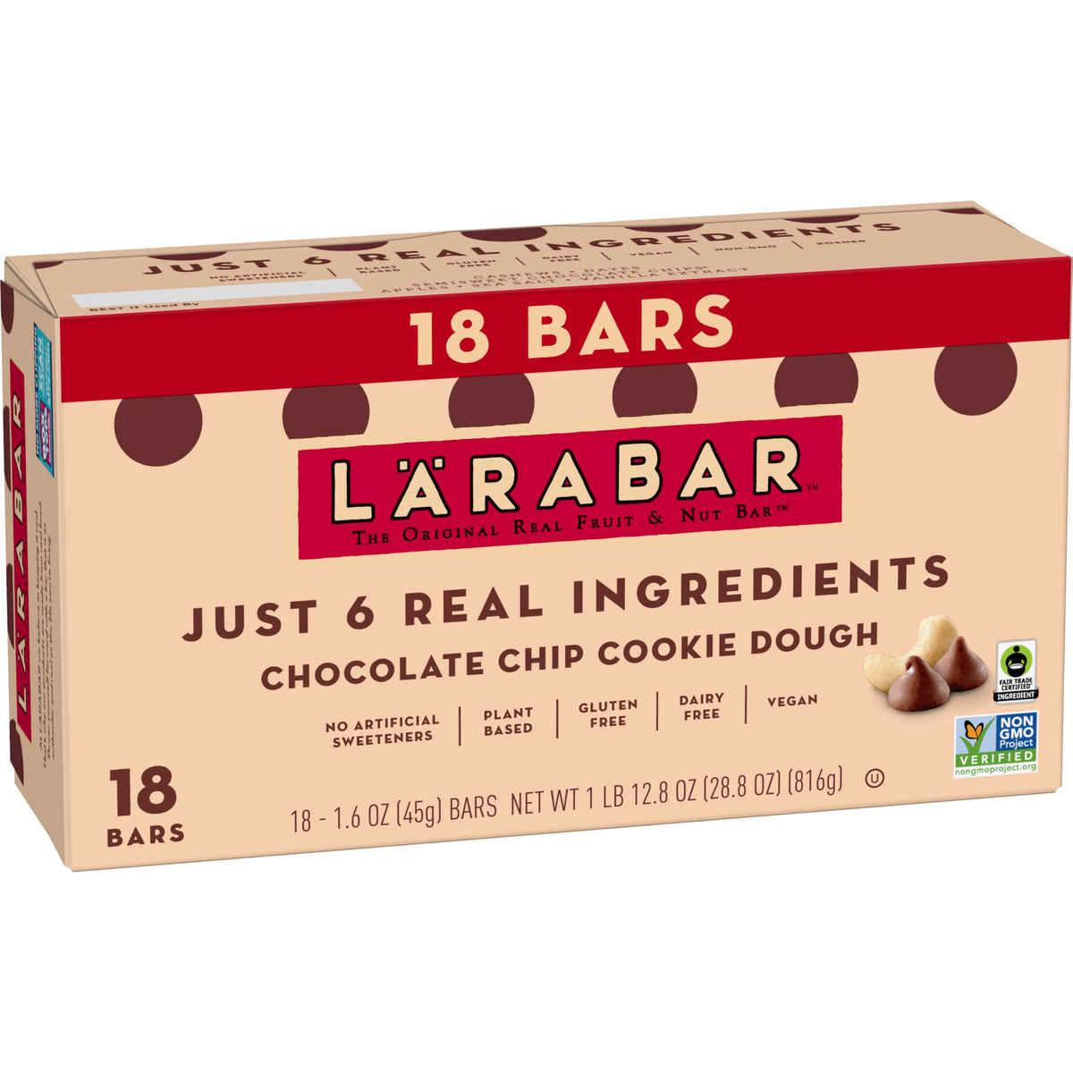 LÄRABAR Chocolate Chip Cookie Dough bar packaging shows gluten-free, vegan snack ready to grab.