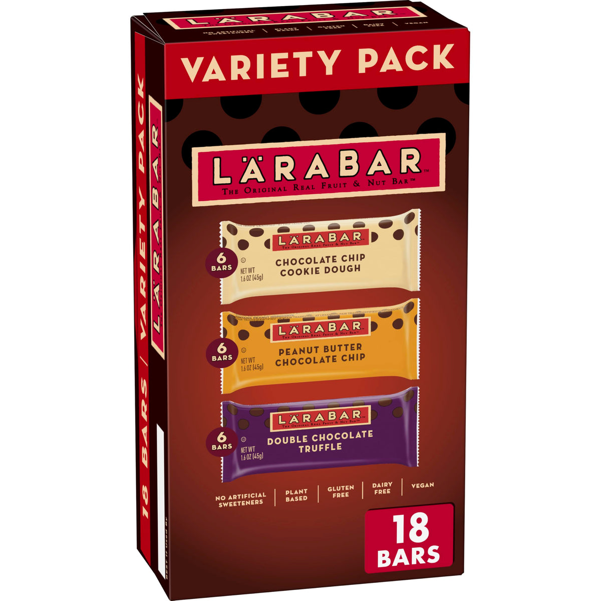 LÄRABAR Chocolate Lovers Variety Pack box, convenient gluten-free vegan snack.