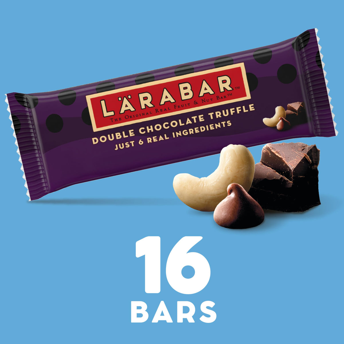 Larabar Double Chocolate Truffle ingredients list featuring dates and cashews.