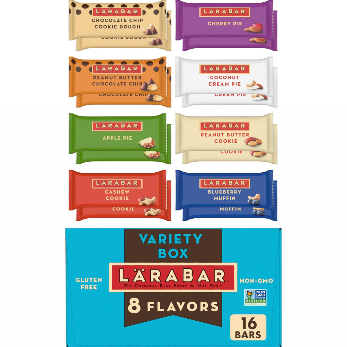 LÄRABAR fruit-and-nut variety pack box, convenient gluten-free vegan snack for on-the-go.