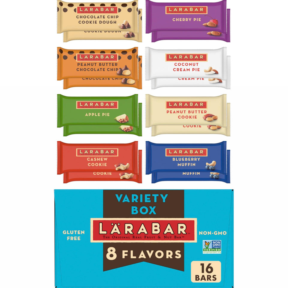 LÄRABAR fruit-and-nut variety pack box, convenient gluten-free vegan snack for on-the-go.