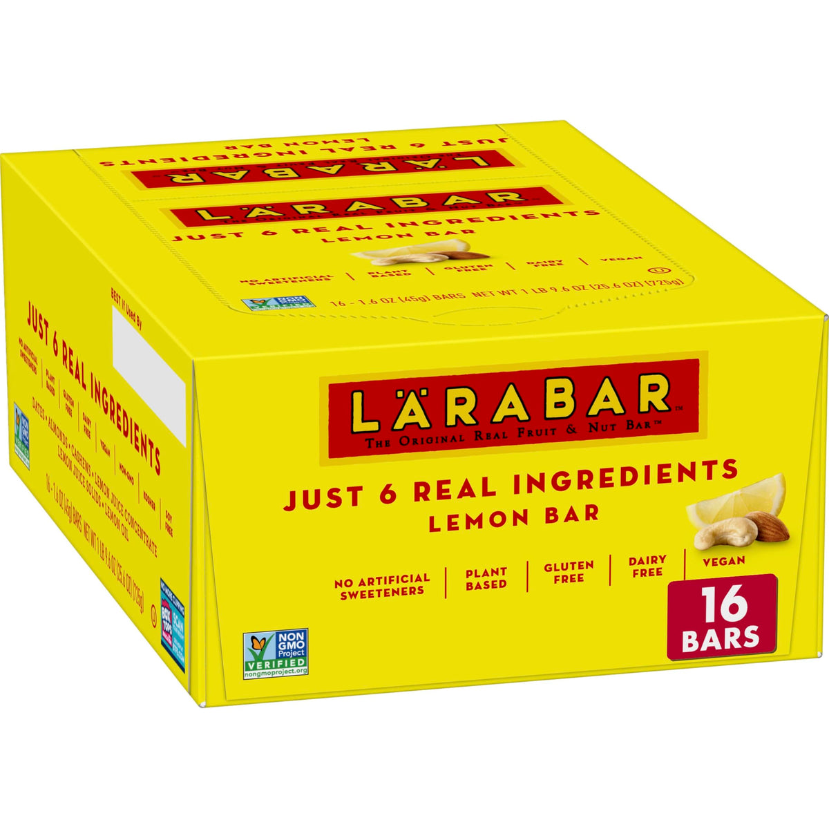Larabar Lemon Bar fruit and nut bars package presents a convenient gluten-free vegan snack.