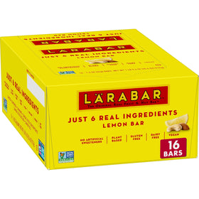 Larabar Lemon Bar fruit and nut bars package presents a convenient gluten-free vegan snack.