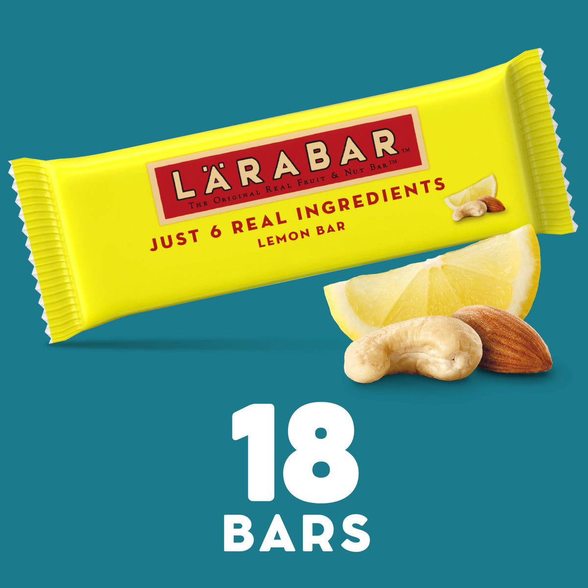 LÄRABAR Lemon Bar ingredients panel featuring dates and nuts.