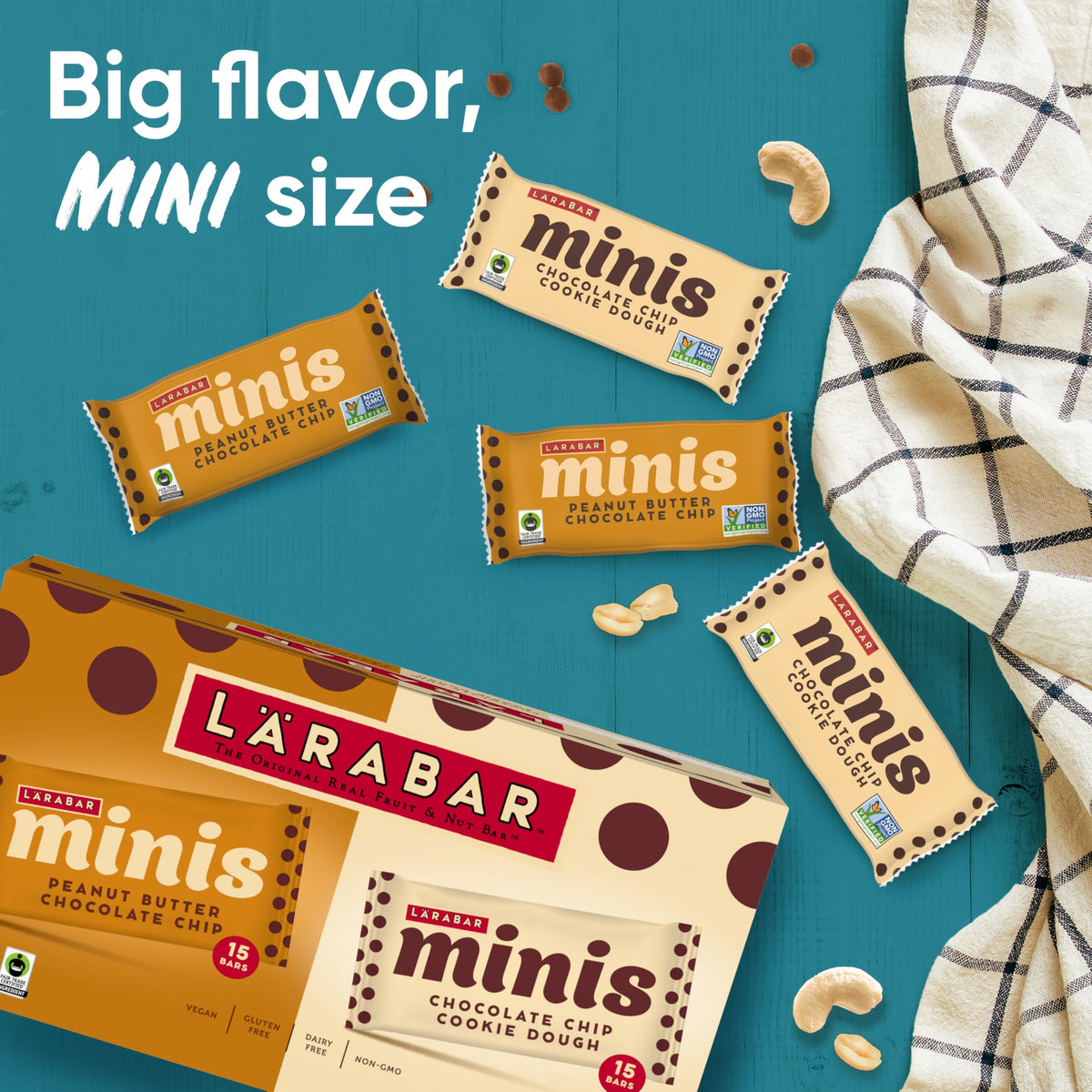 LÄRABAR Minis Chocolate Chip Cookie Dough close-up showing chewy texture for a satisfying, on-the-go snack.