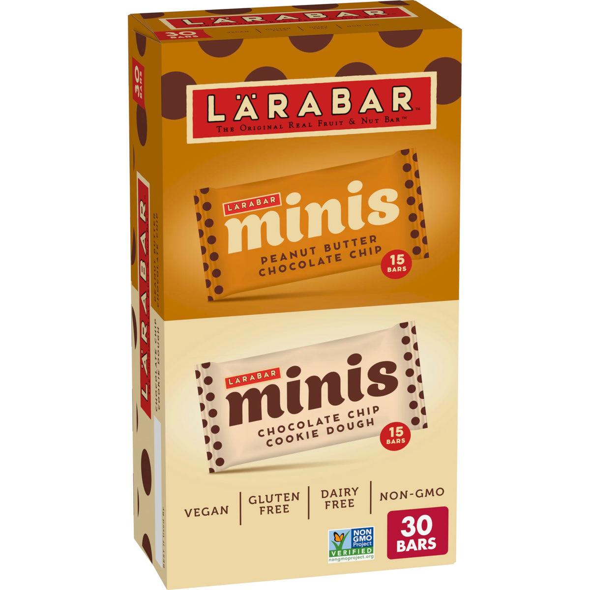LÄRABAR Minis Variety Pack pack shot showing gluten-free vegan bars for on-the-go snacking.
