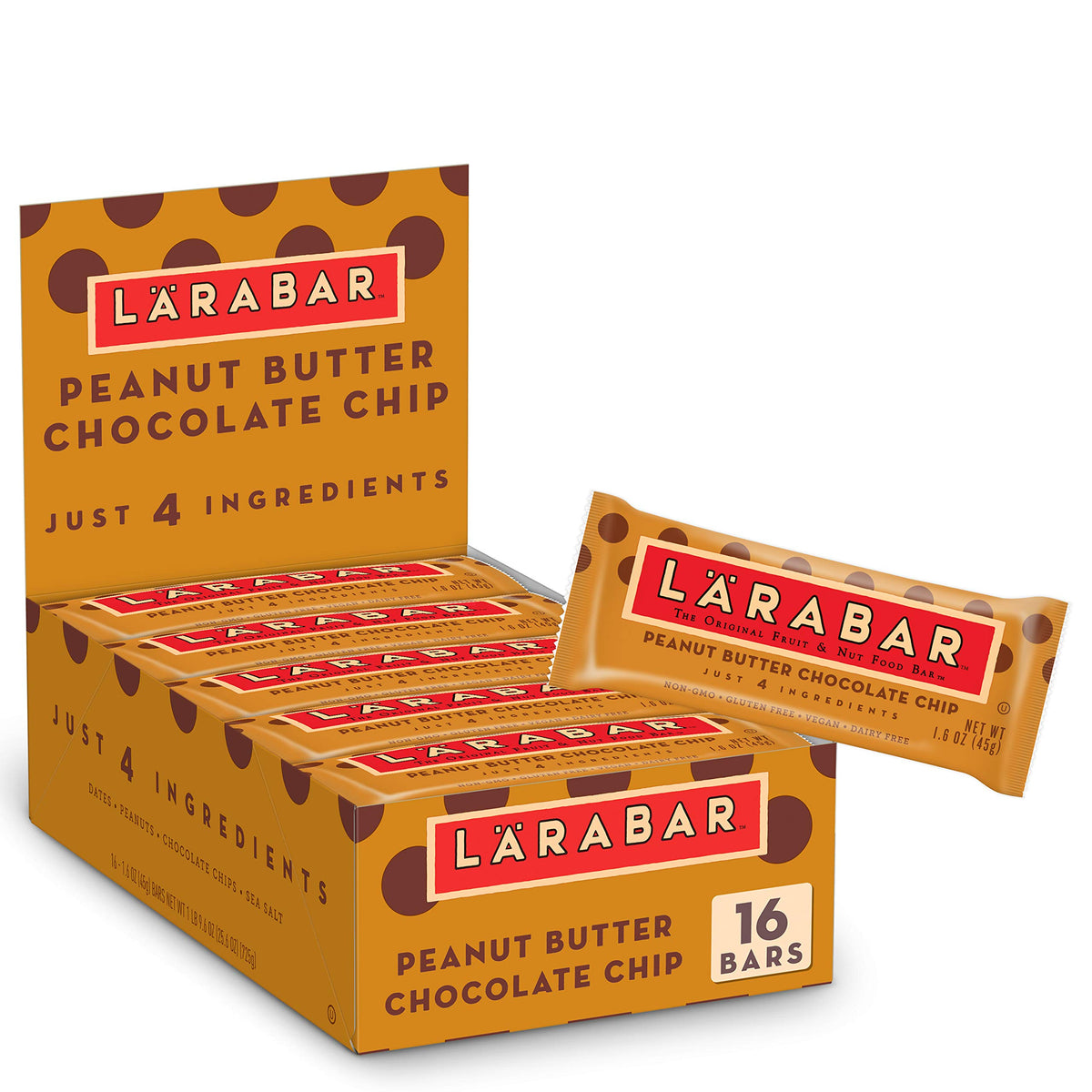 Larabar Peanut Butter Chocolate Chip packaging, gluten-free vegan snack ready for on-the-go