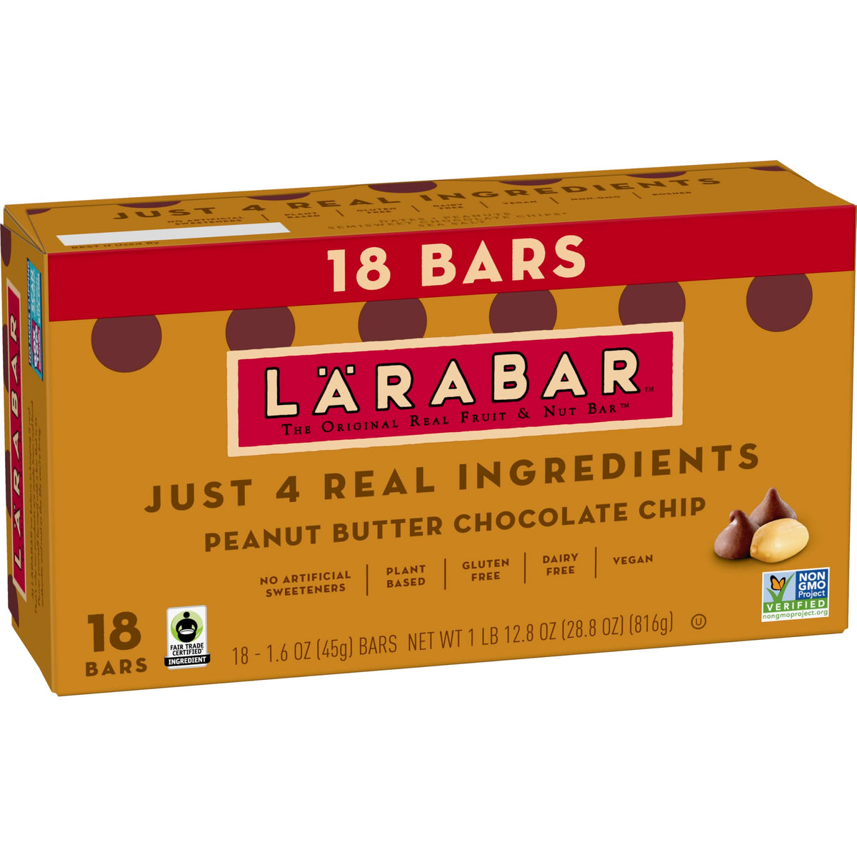 LÄRABAR Peanut Butter Chocolate Chip bar on the counter, ideal for a quick on-the-go energy boost.