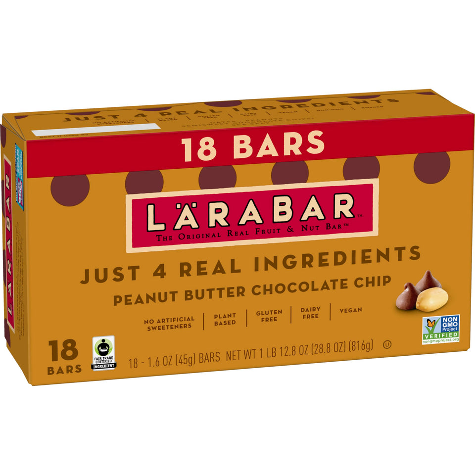 LÄRABAR Peanut Butter Chocolate Chip bar on the counter, ideal for a quick on-the-go energy boost.