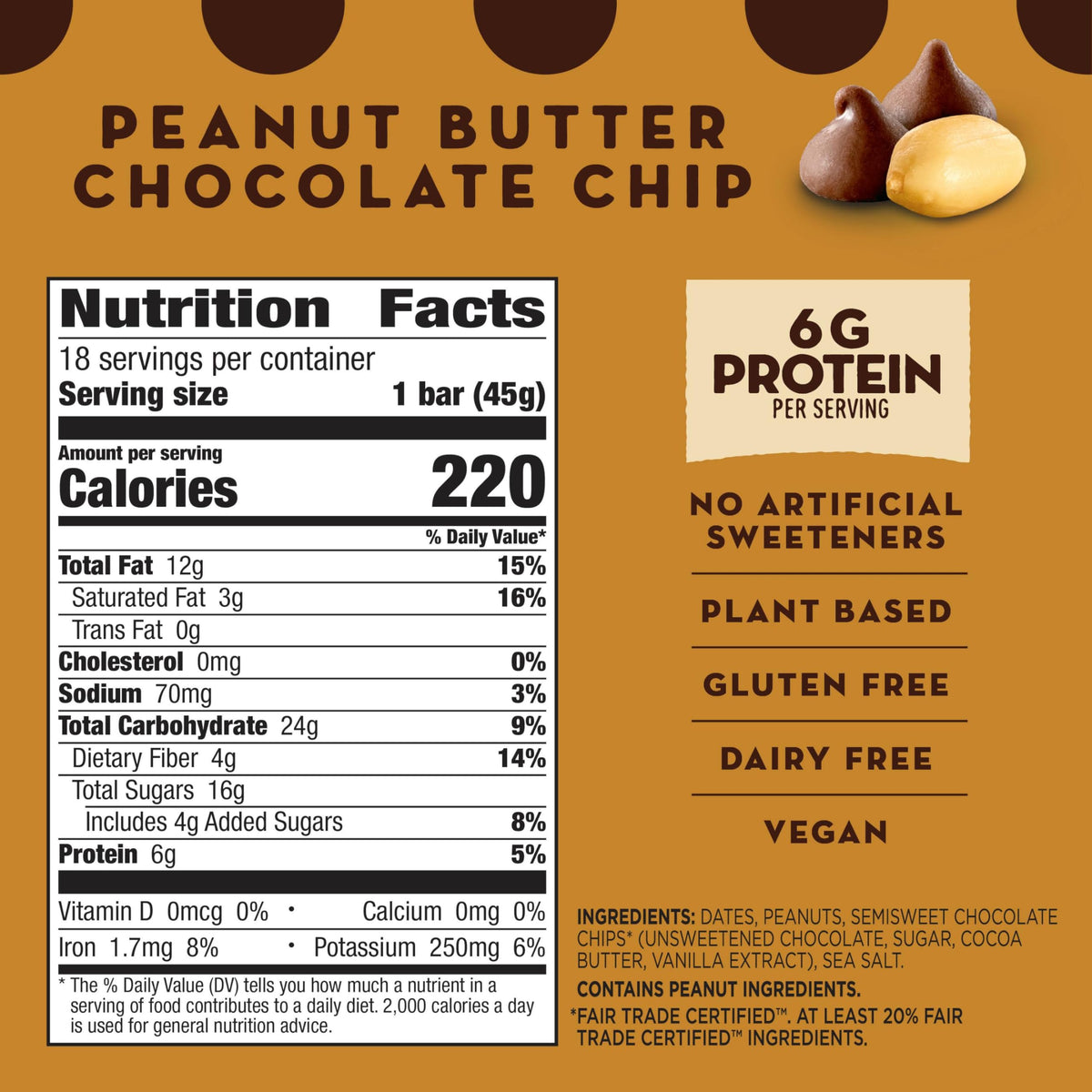 LÄRABAR Peanut Butter Chocolate Chip cross-section showing dates, peanuts, and chips for natural sweetness.
