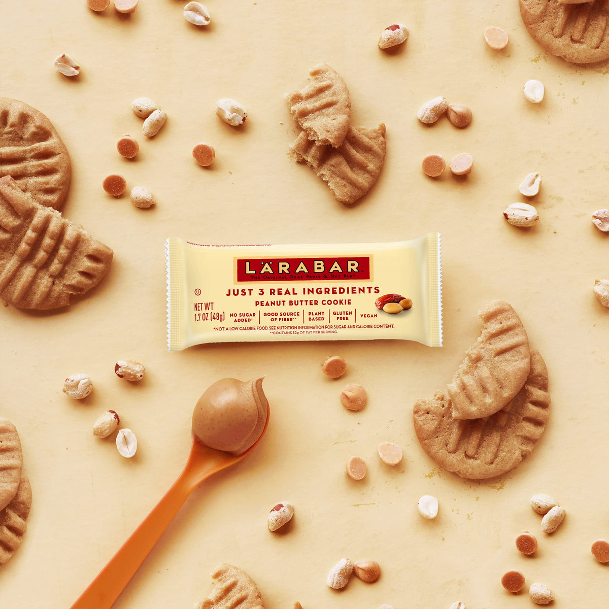 LARABAR Peanut Butter Cookie bar ingredient detail emphasizes gluten-free and vegan appeal