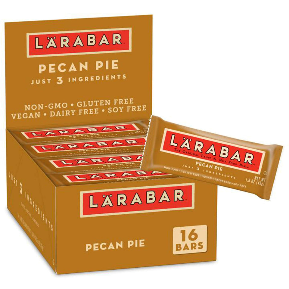 LÄRABAR Pecan Pie pack shot, gluten-free vegan snack for busy days.