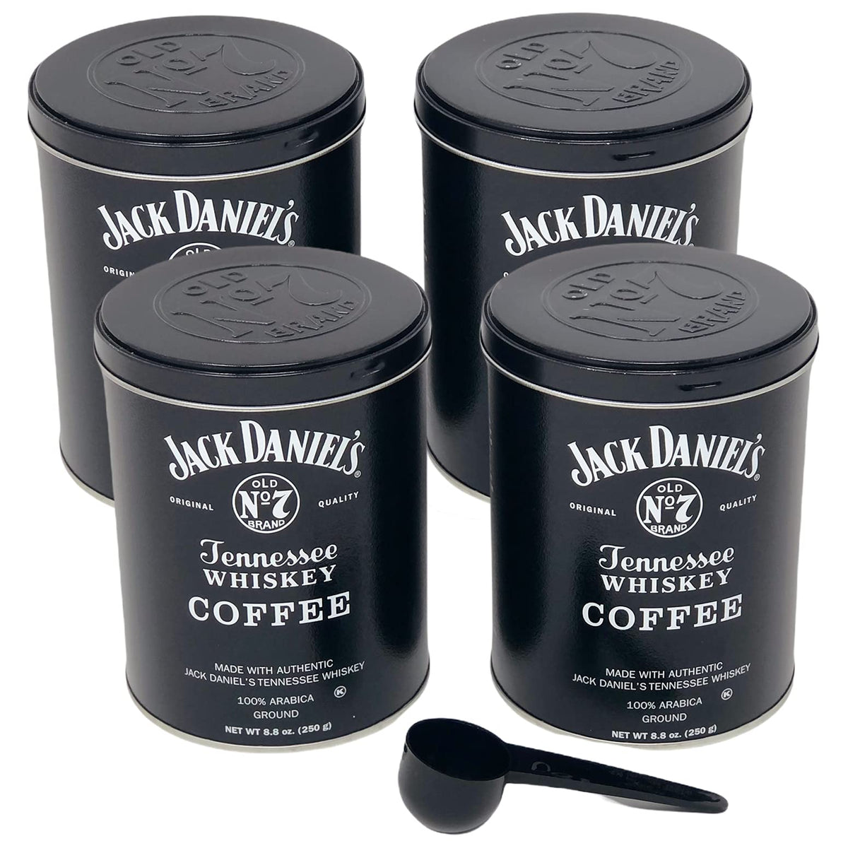 Lara's Gourmet Passions Jack Daniels Coffee four-pack in collectible tins for home brewing convenience.