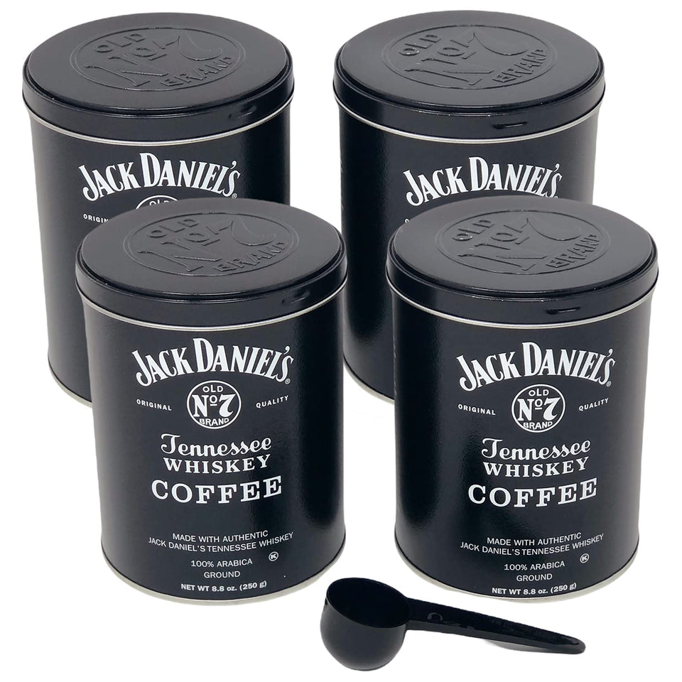 Lara's Gourmet Passions Jack Daniels Coffee four-pack in collectible tins for home brewing convenience.