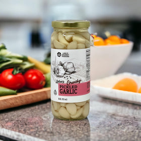 Lara's Gourmet Passions pickled garlic jar highlights mild flavor for everyday use.