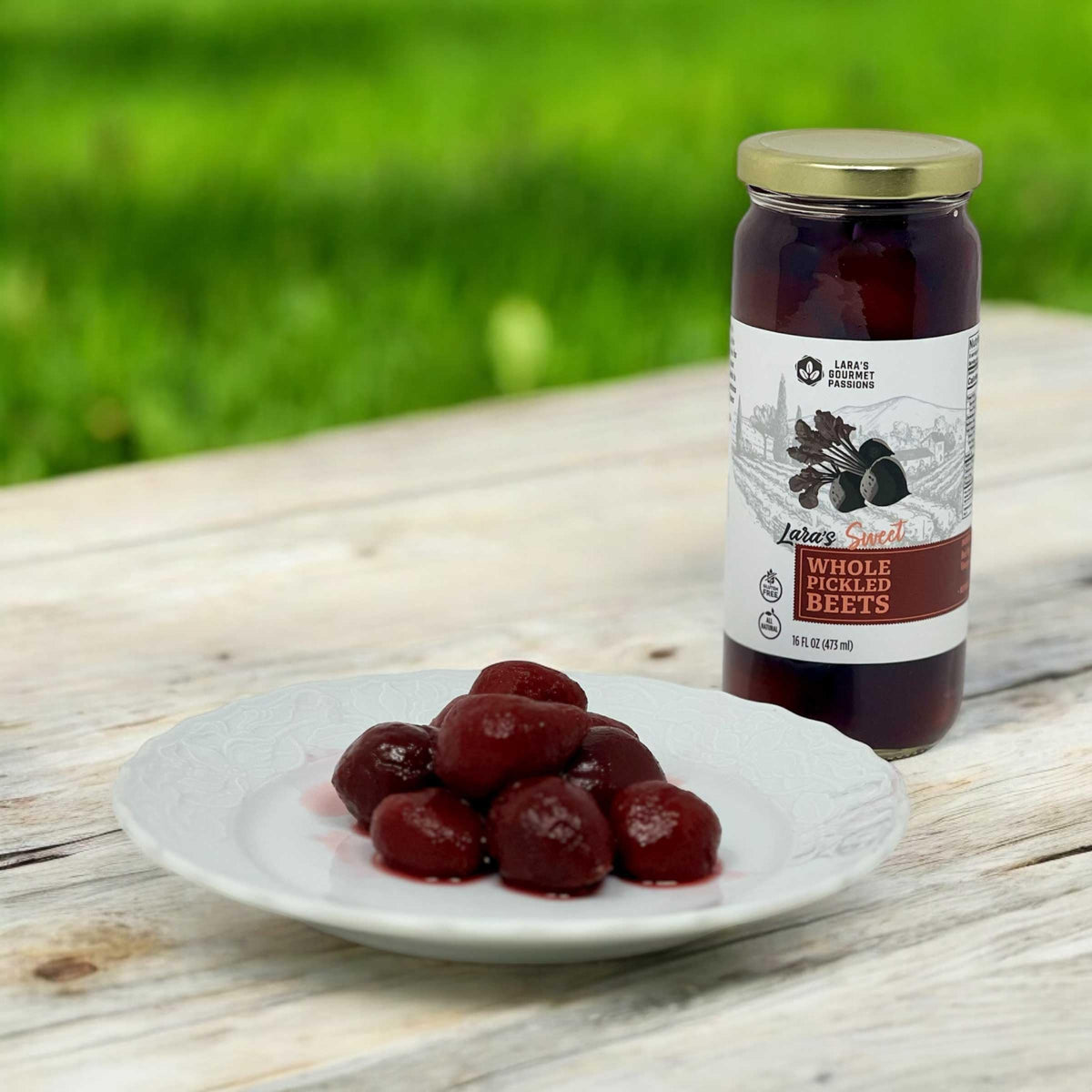 Lara's Gourmet Passions Sweet Beets jar on pantry shelf preserves freshness.