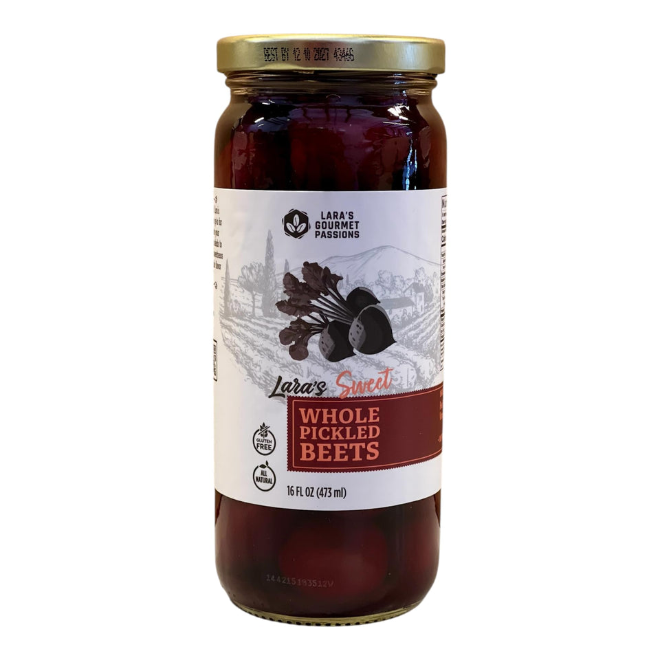 Lara's Gourmet Passions Sweet Whole Pickled Beets in a jar add vibrant color to salads.