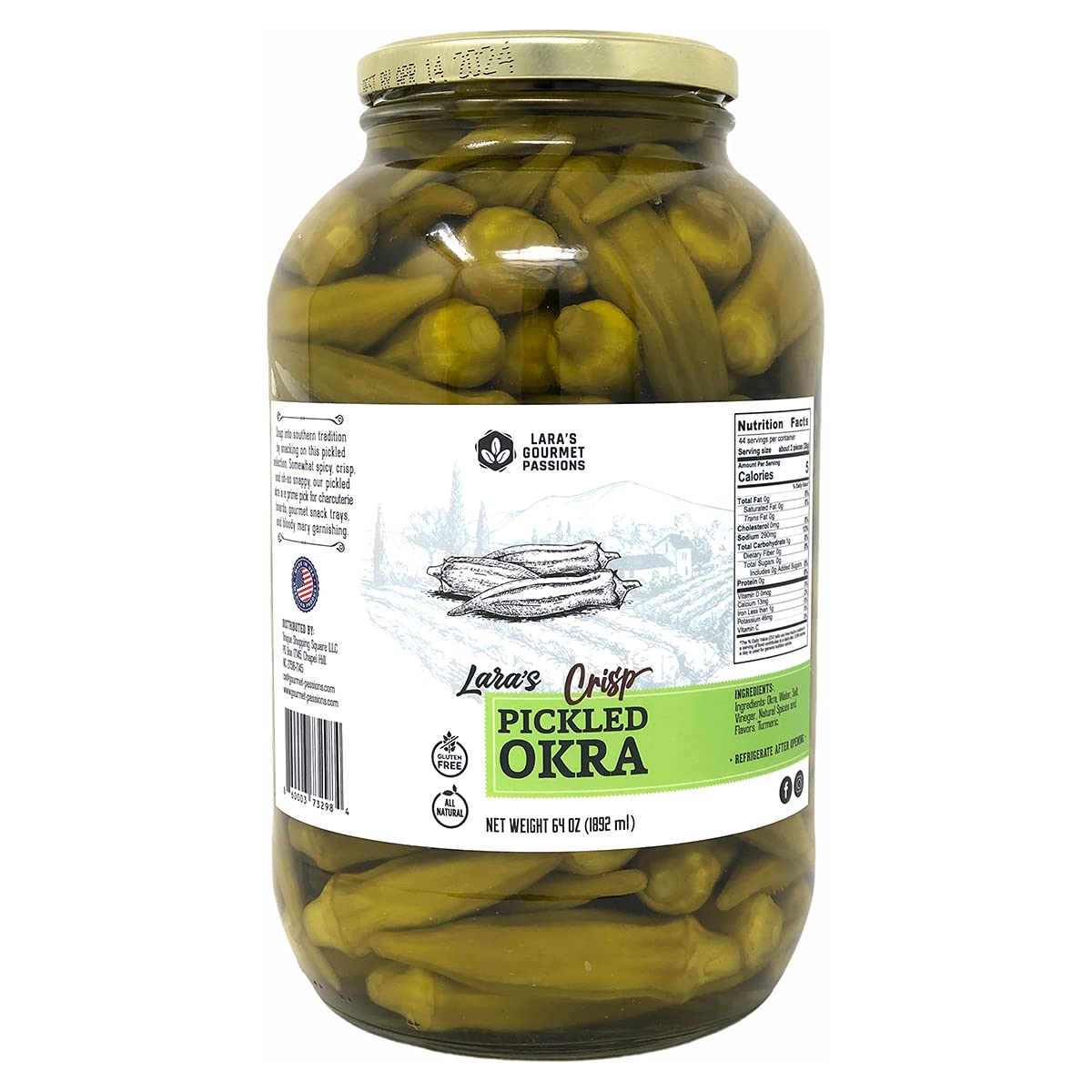 Lara's Gourmet Passions pickled okra jar in a kitchen setup, premium 64 oz jar on display.