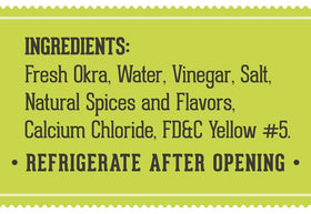 Closeup of Lara's pickled okra jar label, highlighting quality and packaging.