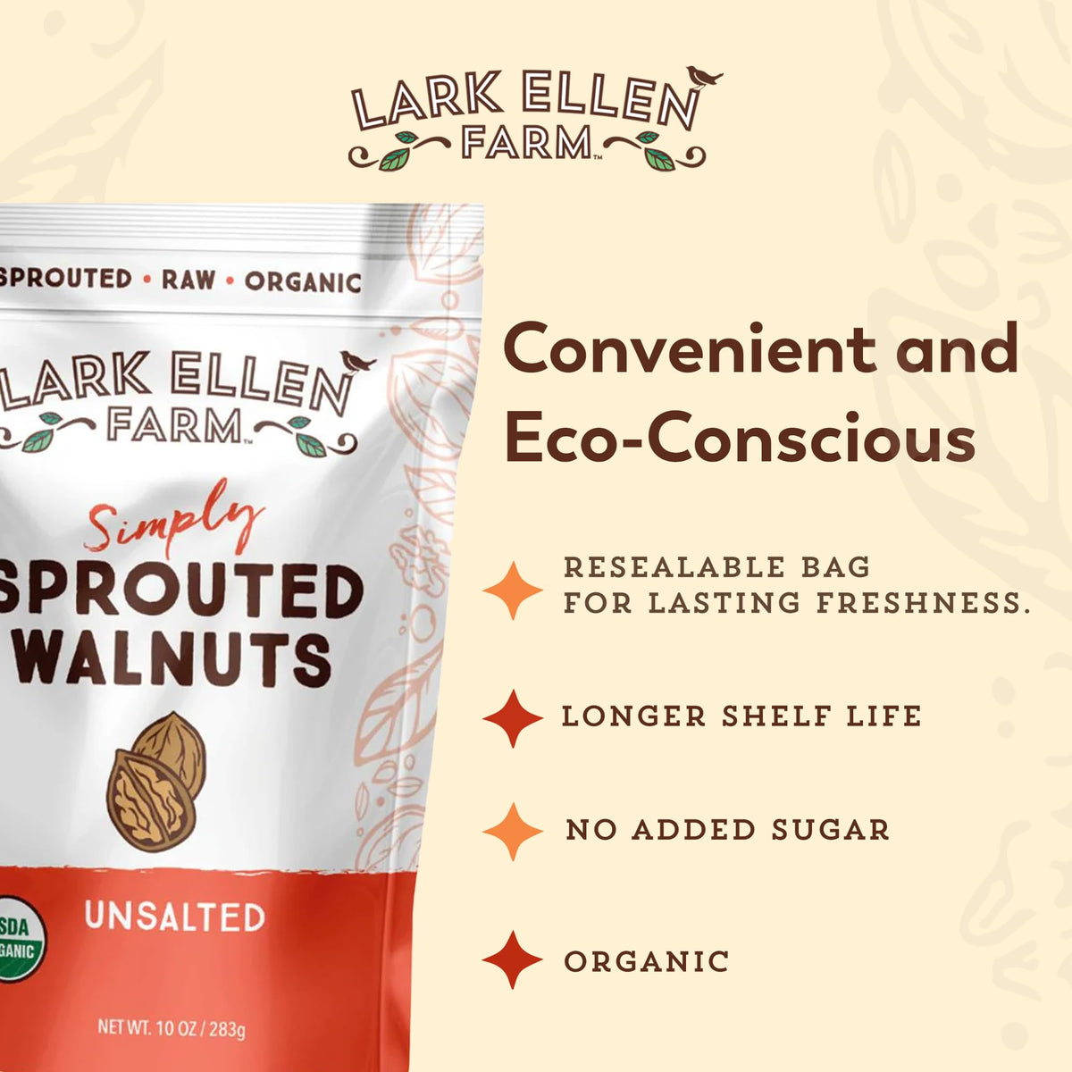 Lark Ellen Farm brand label on organic sprouted walnuts.
