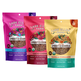 Lark Ellen Farm Cacao Cherry granola clusters plated, rich chocolate note with a fruity twist