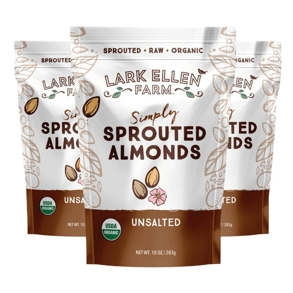 Lark Ellen Farm organic sprouted almonds unsalted 3-pack front label showing freshness and quality.