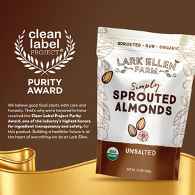 Lark Ellen Farm organic sprouted almonds unsalted close-up crunch highlighting texture and flavor.