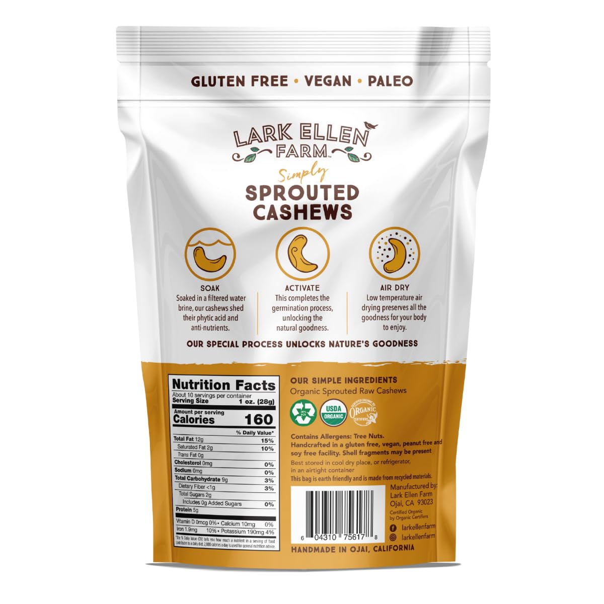 Lark Ellen Farm Sprouted Cashews back label shows organic, non-GMO ingredients.