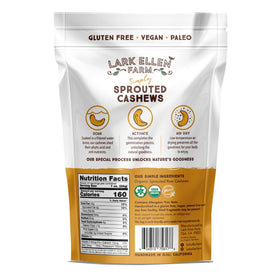 Lark Ellen Farm Sprouted Cashews back label shows organic, non-GMO ingredients.