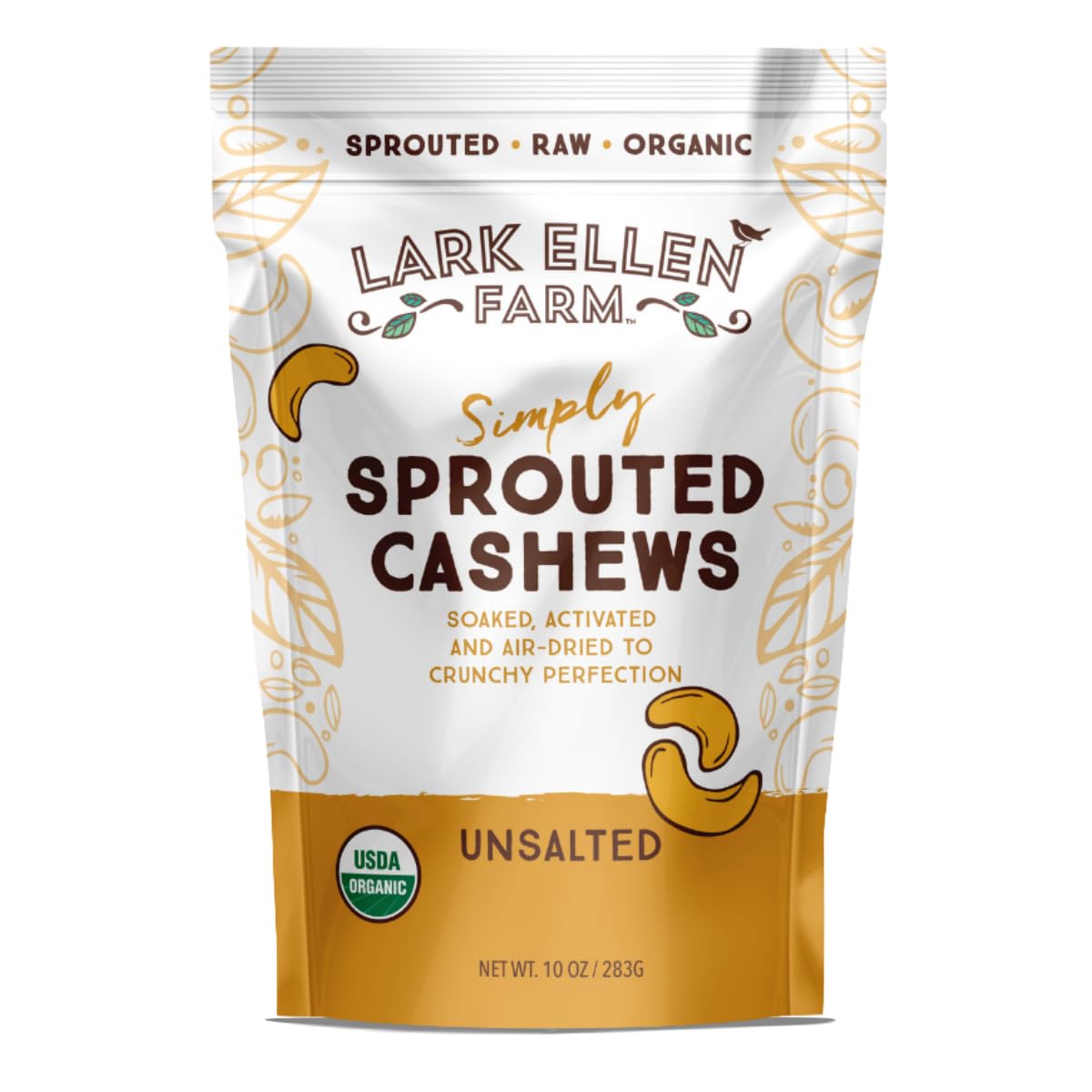Lark Ellen Farm Sprouted Cashews front bag view for on-the-go snacking.