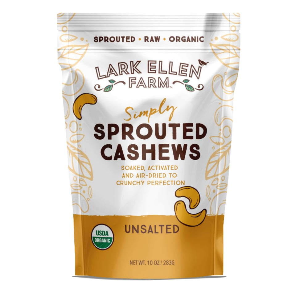 Lark Ellen Farm Sprouted Cashews front bag view for on-the-go snacking.