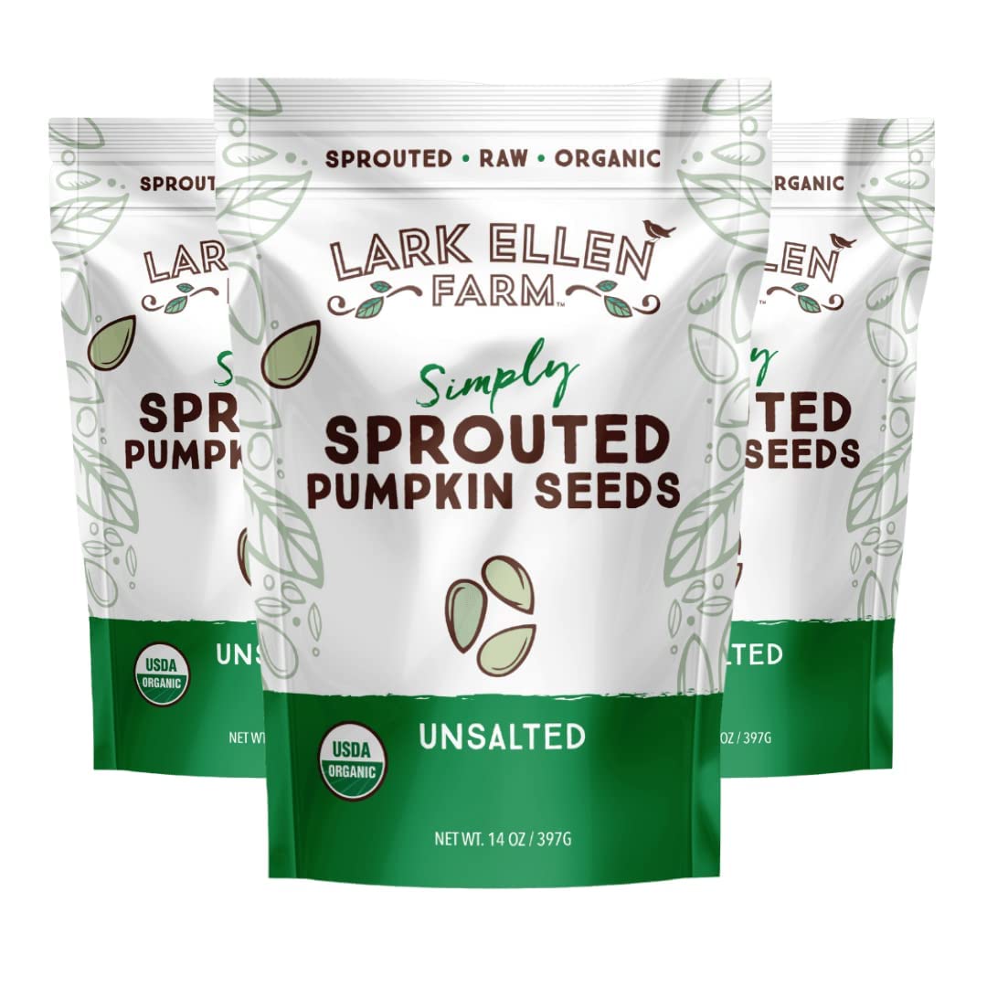 Lark Ellen Farm sprouted pumpkin seeds in a resealable bag for convenient snacking.
