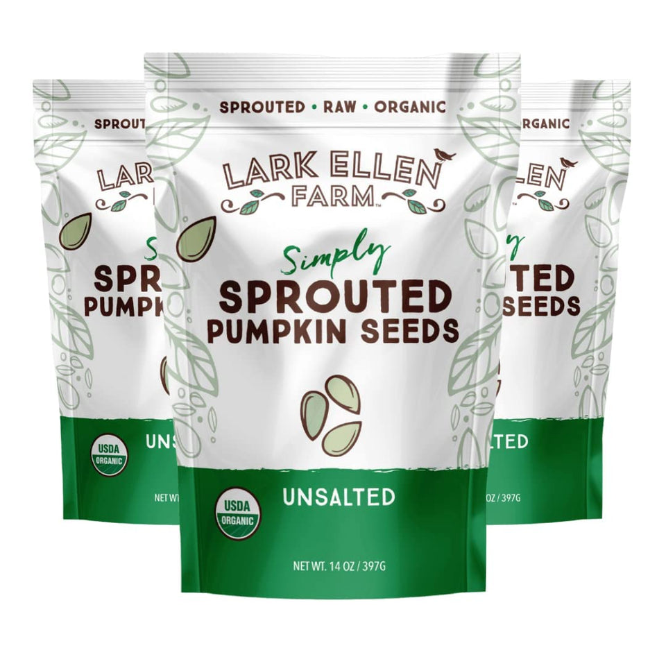 Lark Ellen Farm sprouted pumpkin seeds in a resealable bag for convenient snacking.