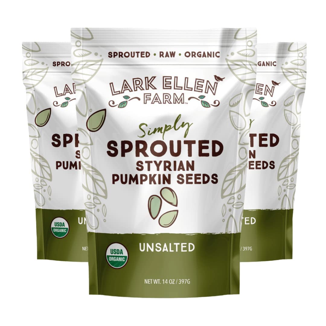 Lark Ellen Farm sprouted pumpkin seeds bag close-up highlighting organic freshness