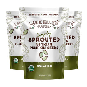 Lark Ellen Farm sprouted pumpkin seeds bag close-up highlighting organic freshness