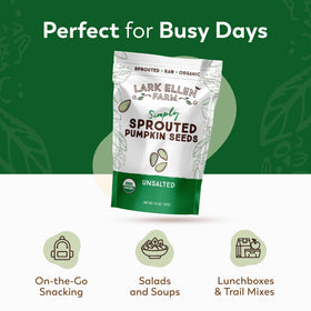 Lark Ellen Farm sprouted pumpkin seeds on a granola bowl for breakfast crunch