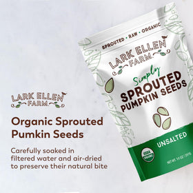 Lark Ellen Farm sprouted pumpkin seeds close-up, showing natural texture and air-dried quality.