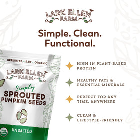 Lark Ellen Farm sprouted pumpkin seeds in recyclable packaging representing eco-friendly packaging