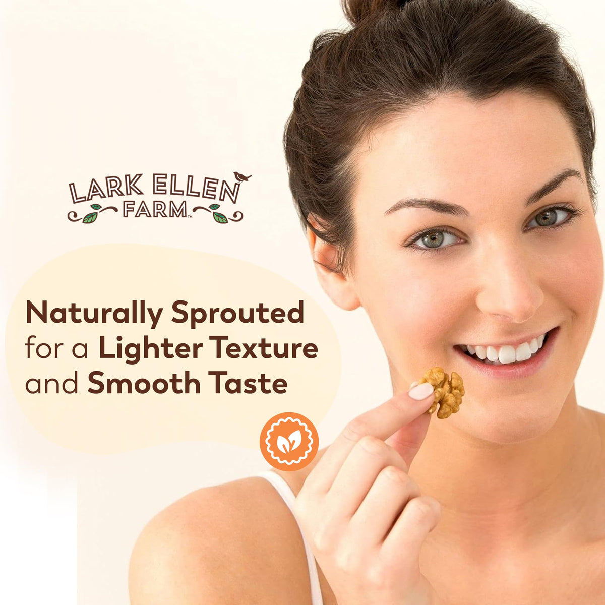 Lark Ellen Farm packaging front highlighting 10oz sprouted walnuts.