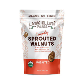 Lark Ellen Farm sprouted walnuts unsalted packaging on a clean counter for convenient snacking.