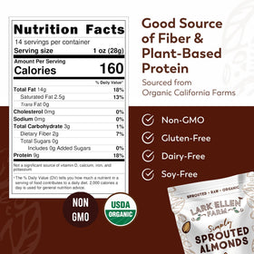 Lark Ellen Farm unsalted raw almonds resealable bag emphasizing on-the-go freshness.