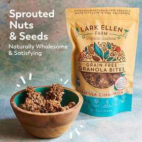Lark Ellen Farm Vanilla Cinnamon Granola Clusters close-up shows sprouted nuts texture.