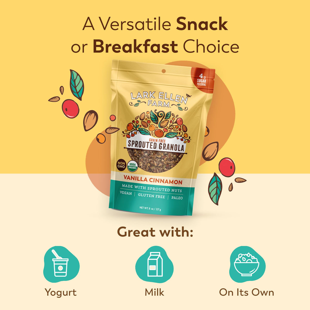 Lark Ellen Farm Vanilla Cinnamon Granola Clusters in a bowl with milk, parfait-ready.