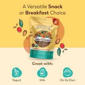 Lark Ellen Farm Vanilla Cinnamon Granola Clusters in a bowl with milk, parfait-ready.