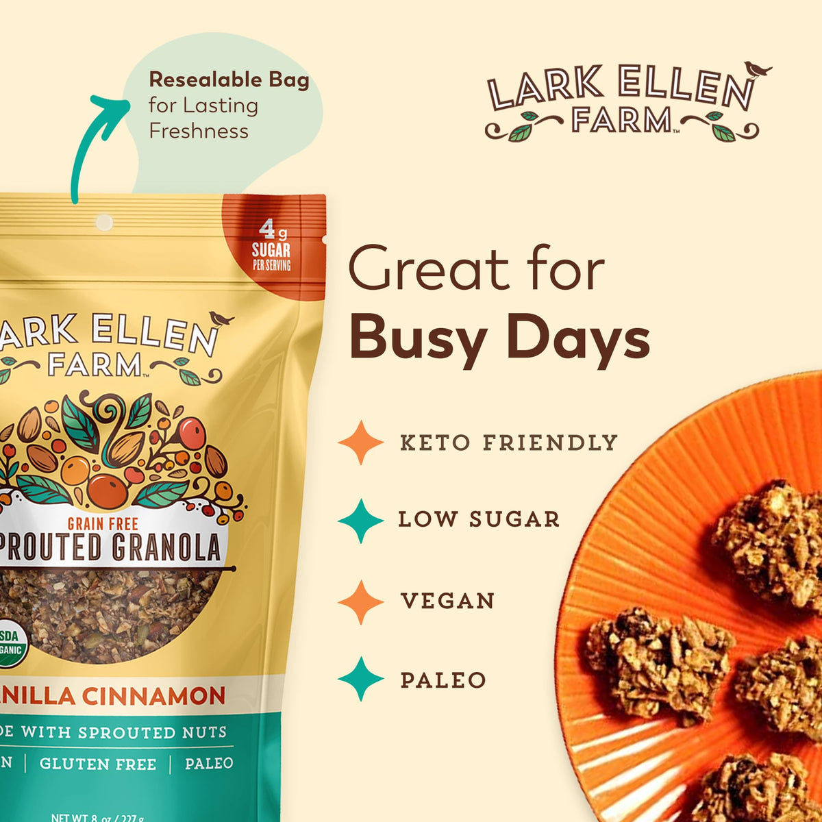 Lark Ellen Farm Vanilla Cinnamon Granola Clusters flavor label highlights organic and vegan.