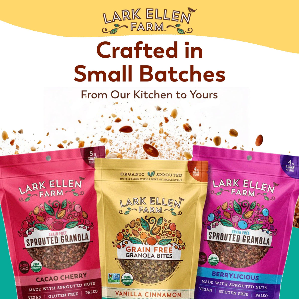Lark Ellen Farm Vanilla Cinnamon Granola Clusters resealable bag preserves freshness.
