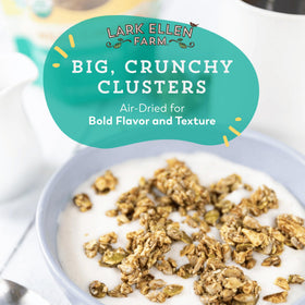 Lark Ellen Farm Vanilla Cinnamon Granola Clusters poured over yogurt for a flavorful breakfast.