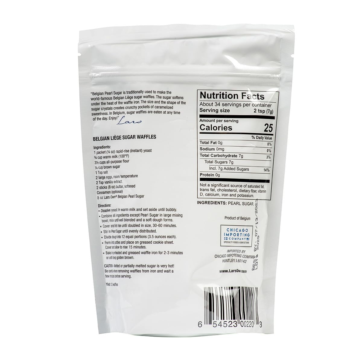 Lars' Own Belgian Pearl Sugar 8-ounce box back, perfect for caramelizing during baking.