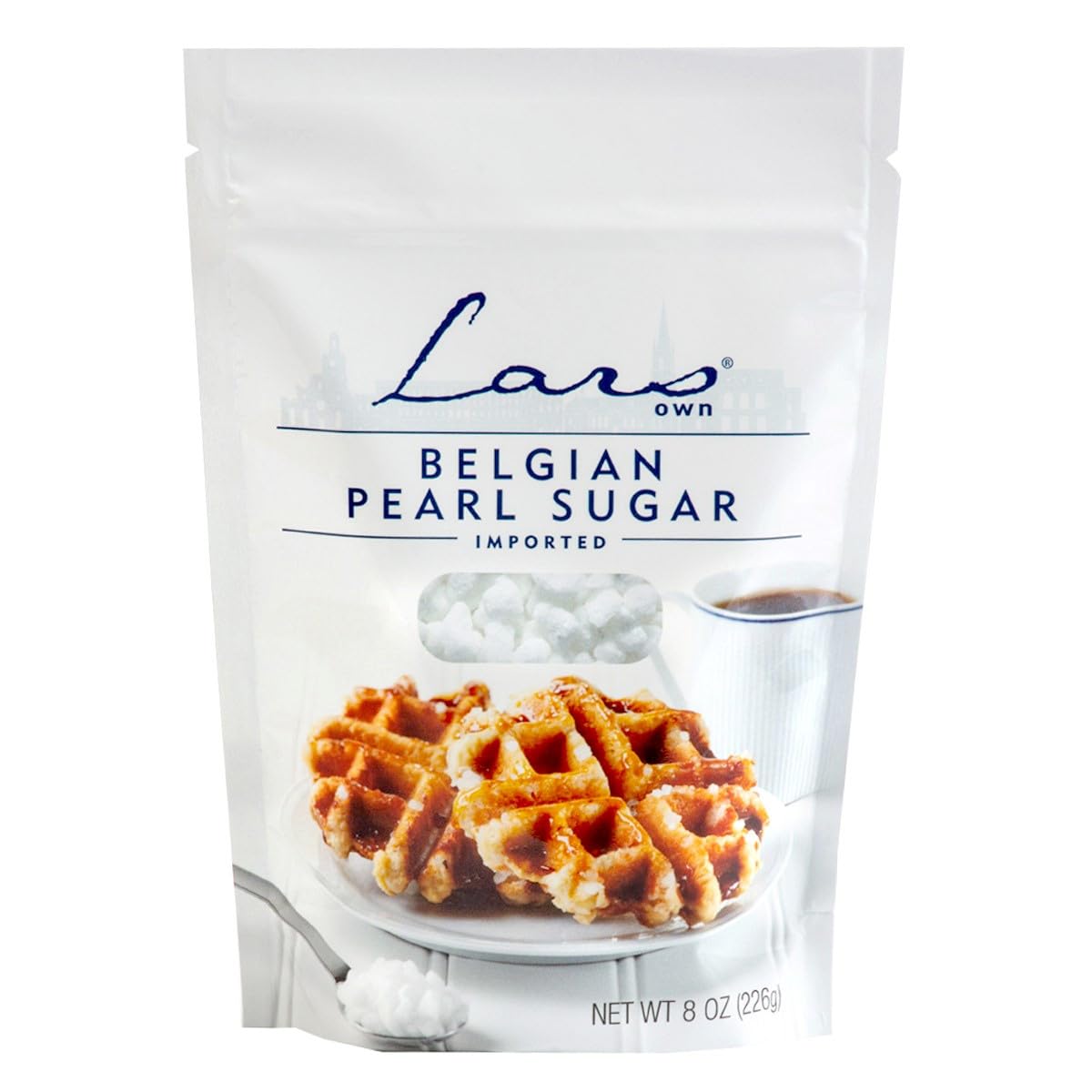 Lars' Own Belgian Pearl Sugar 8-ounce box front, ideal for Belgian waffles caramelization.