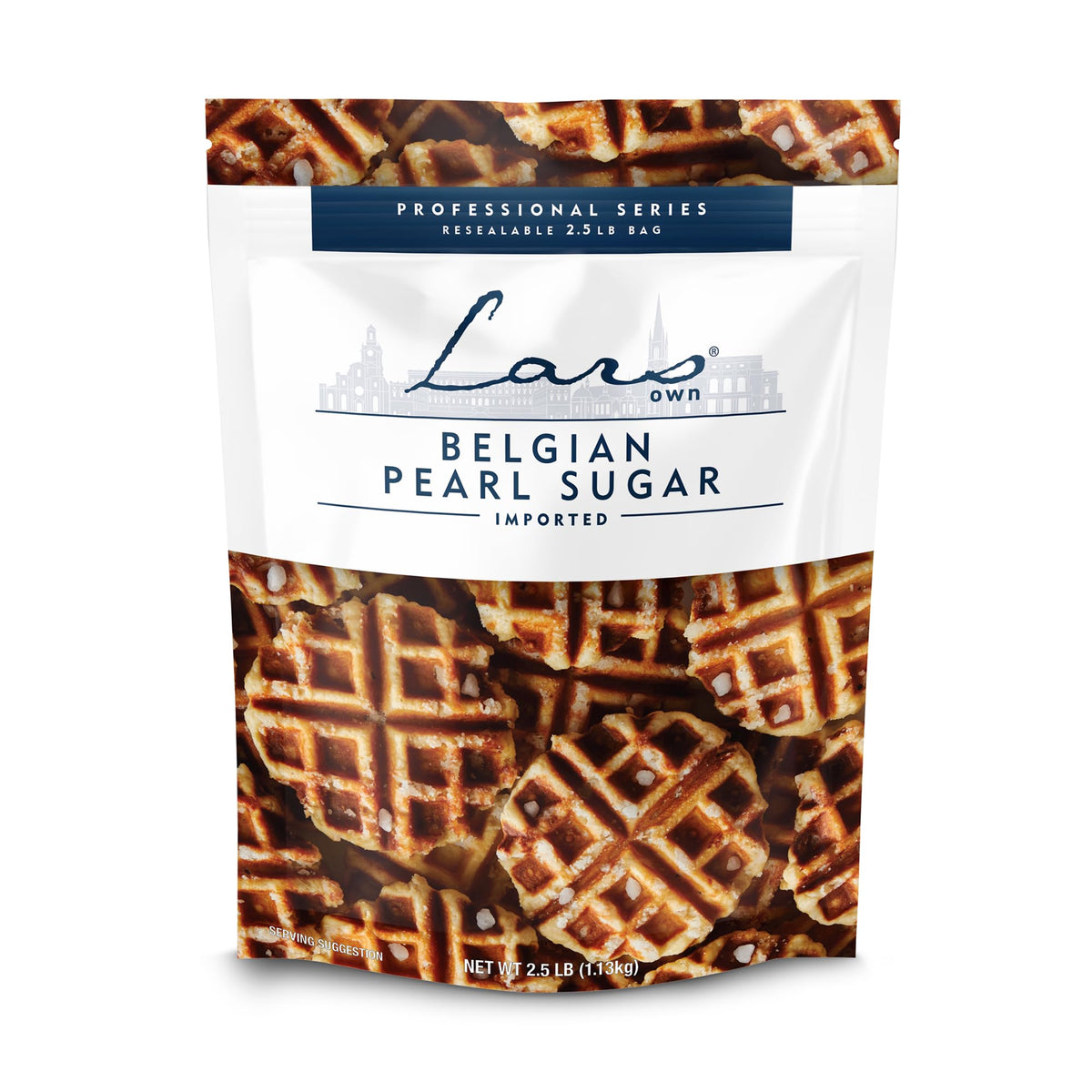 Lars' Own Belgian large pearl sugar bag on shelf for Liège waffles.